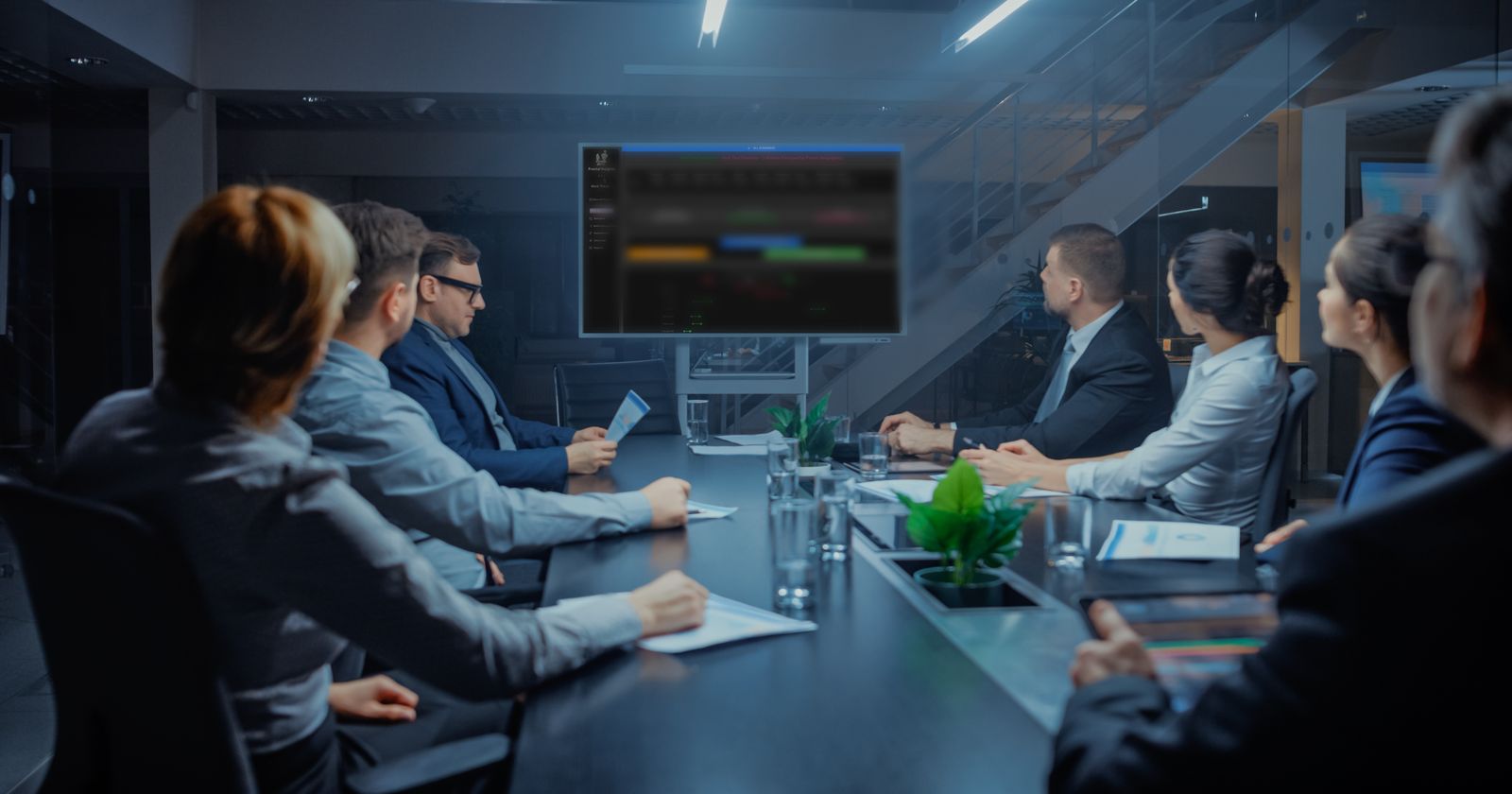 Executives seated around a boardroom table during a presentation.