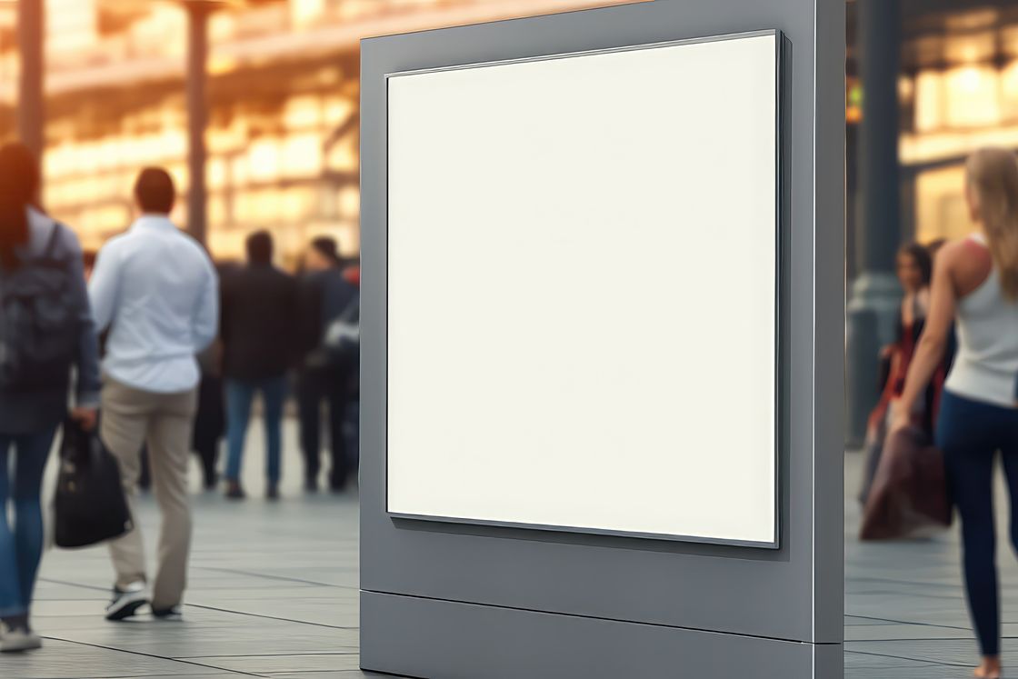 A blank advertising poster panel on a busy pedestrian street.