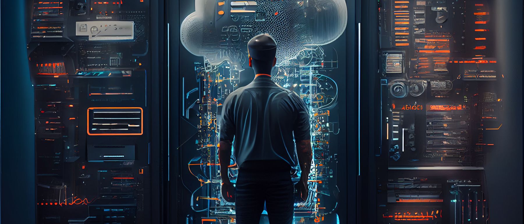 A person standing before racks of servers in a data centre.